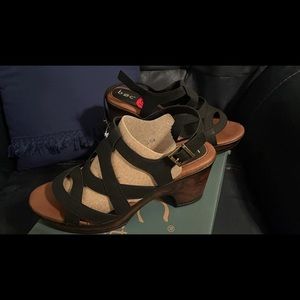 Black leather bring on comfort sandal wedge